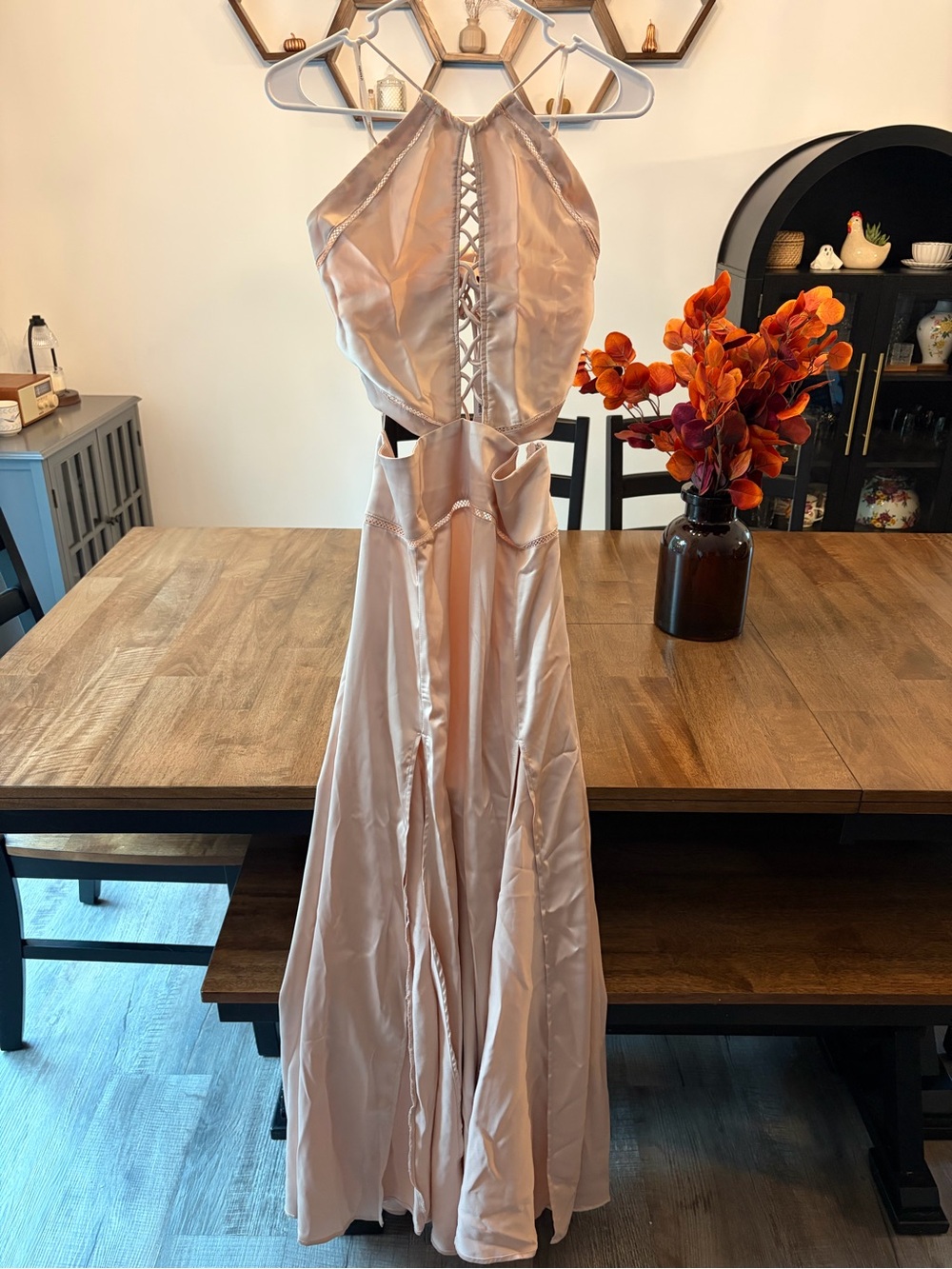 Forever 21 Blush Pink Satin Halter Maxi Dress with Lace-Up Front (NEW)